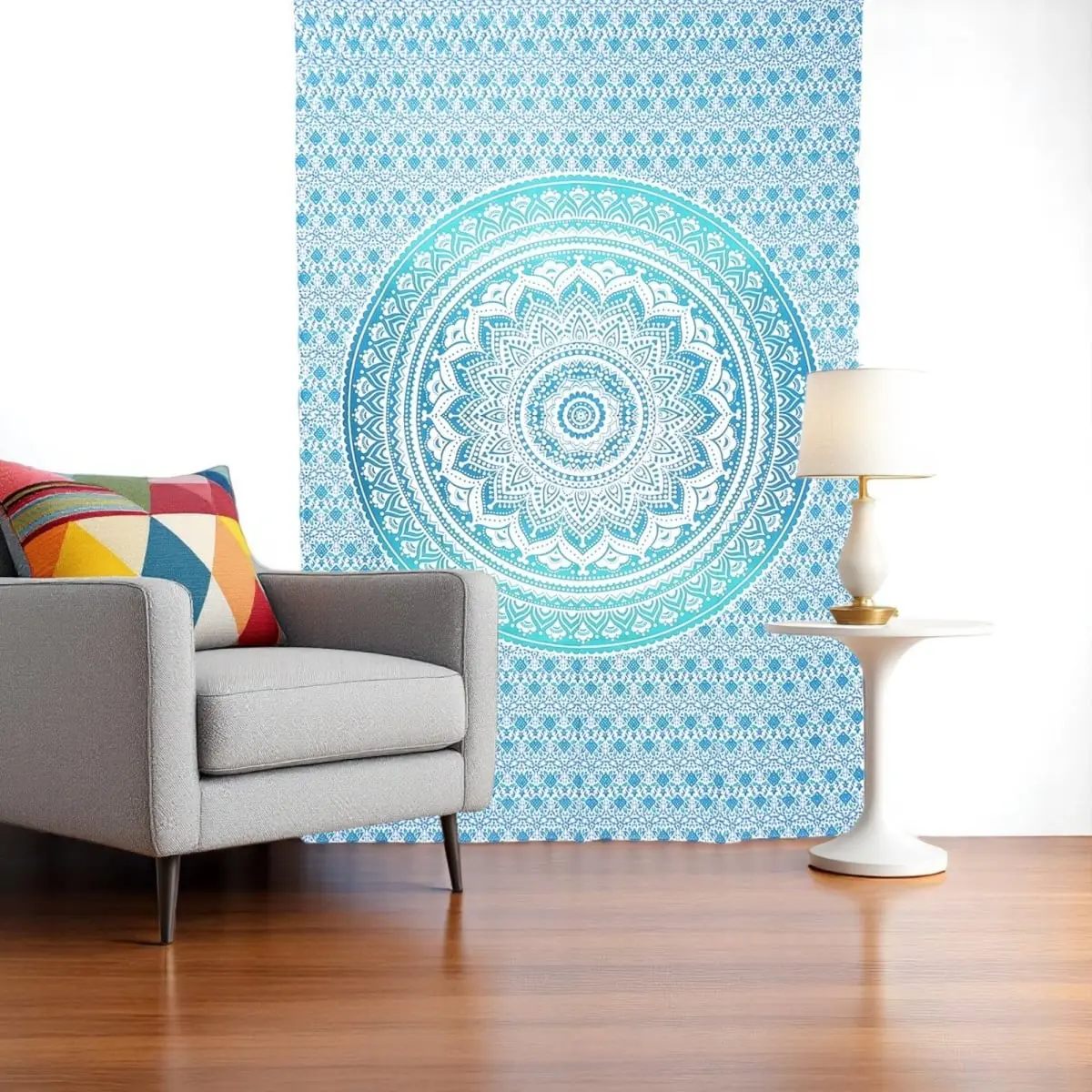 360 Stand Handmade Mirrored Blue & White Mandala Cotton Hanging Tapestry (80x56in) - Home Decor Supplies, Tapestry Wall Mural, Decoration for Table, Room Wall, Artwork, Artwork Tapestries