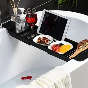 Adjustable Bathtub Tray Rack, Non-Slip Bathroom Organizer, Multi-Functional Storage Shelf, Phone Holder, Cup Holder, No Installation Needed