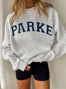 Women's Casual Letter Print Oversized Pullover Sweatshirt, Loose Fit Crew Neck Long Sleeve Hoodie, Fall Outfits For Airport, Back To School