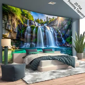 [ 2D Flat Printing] 1pc- Ultra large size- Mountains And Rivers Waterfall Sunlight Landscape- HD Digital Printing Huge Tapestry- Polyester- Home Decoration- with Free Hanging Clips, 2D Flat