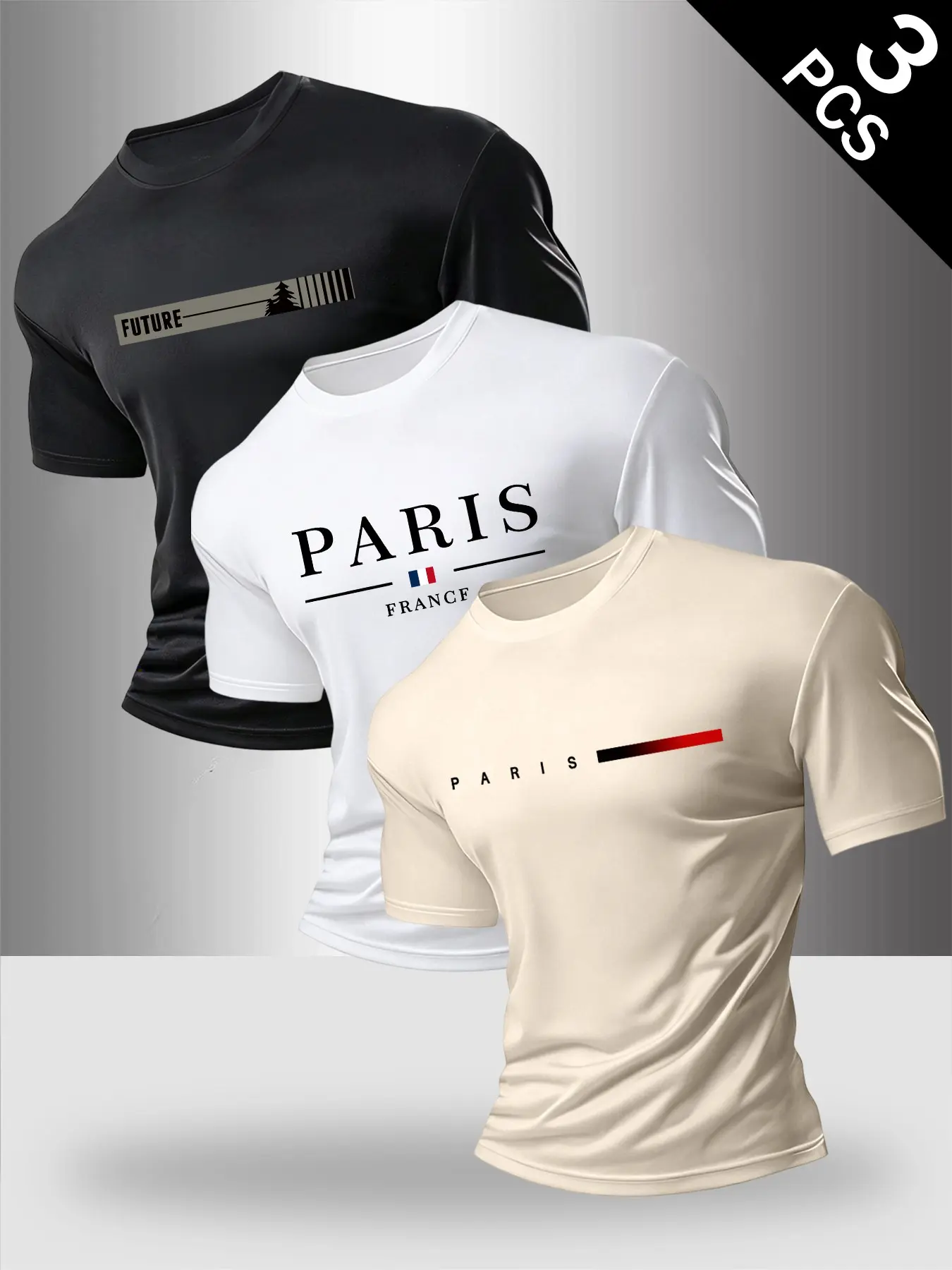 Men's Summer Fashion Streetwear T-Shirt Set of 3, Classic English Letter Print, Casual Printed, Round Neck Soft Casual Short Sleeve, Outdoor Street Style