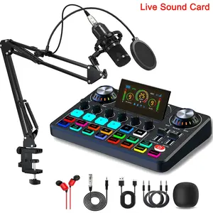 Podcast with BM-800 microphone set, equipped with condenser microphone, on-site sound card, OTG mixer, and multi DSP effects, used for recording game live streams, YouTube TikTok on PC/smartphone