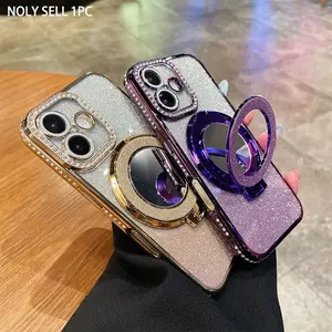 Glitter Phone Case Cover Casing with Ring, 1 Count Electroplated Edge Drill Sparkling Gradient Glitter Cellphone Case with Makeup Mirror Stand for iPhone