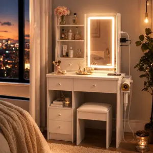 29.2" White Vanity Table with LED Mirror & Charging Station – Sliding Touch Control Mirror, 3-Color Brightness Adjust, Cushioned Stool, for Bedroom