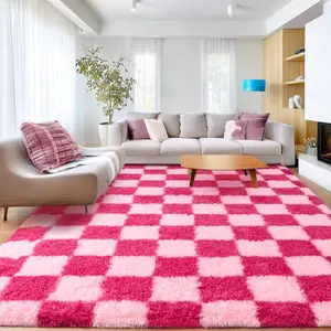 JAKOLIVE Cozy Soft Modern Shaggy Rug For Bed Room, Large Indoor Fluffy Plush Non-Slip Carpet For Living Room , Room Decor, Kitchen, Dining Room, Study Room, Dressing Room, Office, Home Decor, Gift For Mother's Day, Pink and Rose Red Checkered Rug