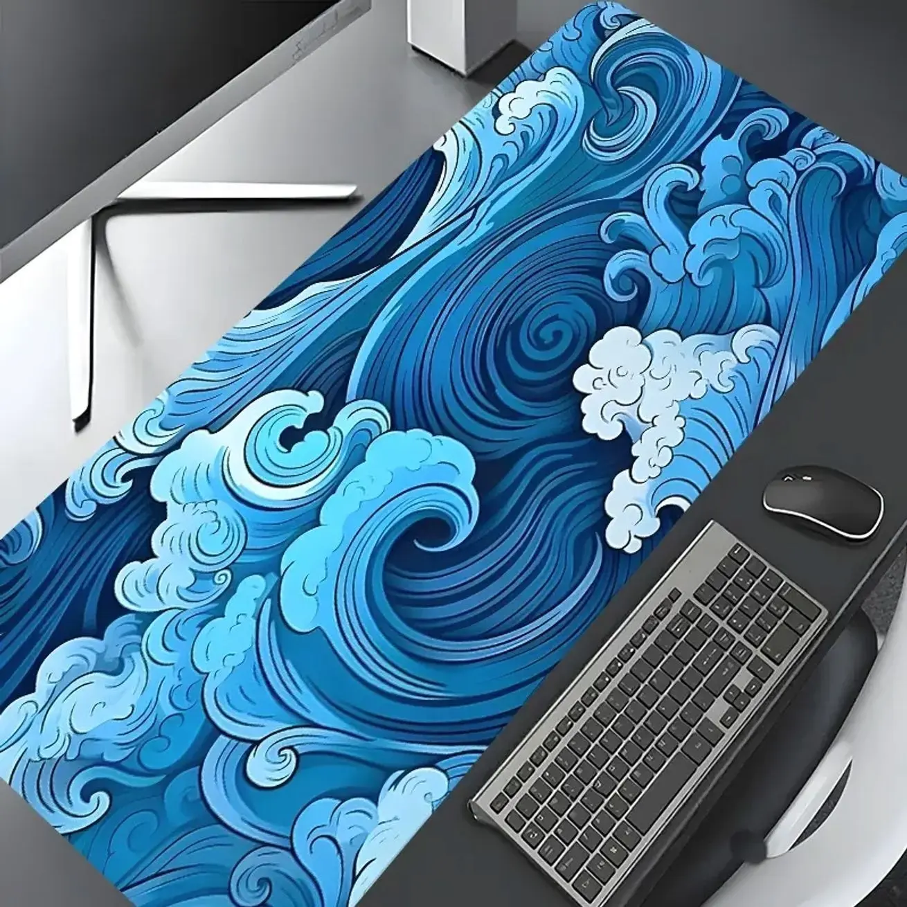 Japanese Ocean Art Blue Wave Design Large Gaming Mouse Pad,Aesthetic Desktop Drotection Pad,Washable Rubber Non-Slip Lock Edge Multi-Size Mouse Pad Suitable For Home Office,Aesthetic Desk Accessories,Computer Desk Accessories