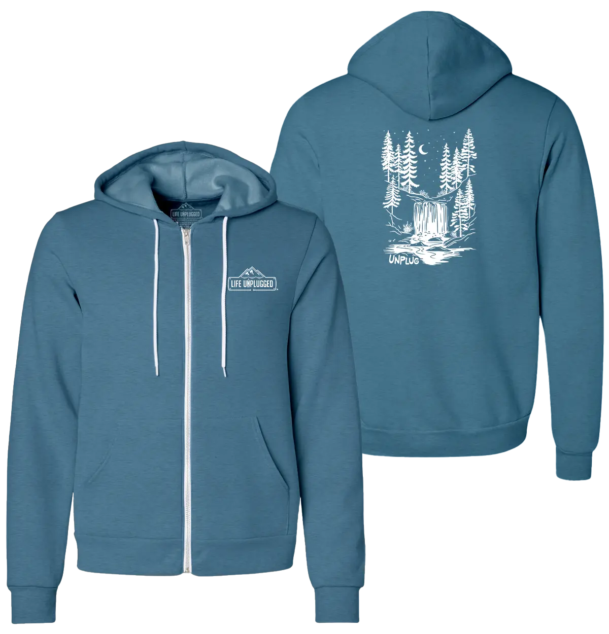 Life Unplugged WATERFALL UNDER THE STARS Supersoft Midweight Zip Up Hoodie Long Sleeve Casual Unisex Graphic Aesthetic Sweatshirt