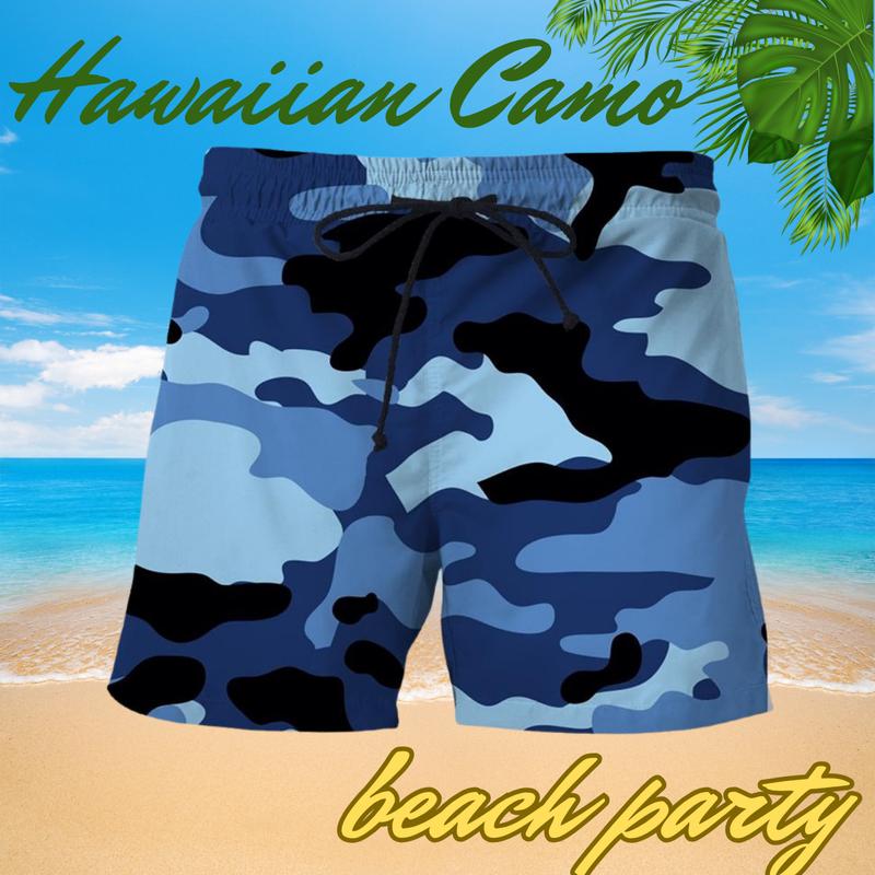 Men’s Navy Blue Camo Swim Shorts – Hawaiian Beach Party Quick-Dry Trunks | Coastal Vacation Streetwear for Men