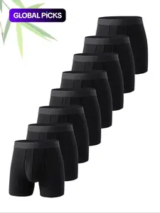 8-Pack Men's Bamboo Fiber Boxer Briefs, Long Leg Anti-Chafe Soft Stretch Fitted Underwear with Fly Design, Breathable Comfortable Daily Wear