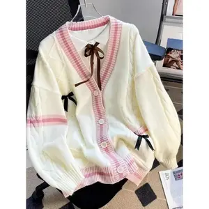 Y2K aesthetic sweet bow knitted cardigan, women’s kawaii JK sweater/jumper, oversized knitwear, single-breasted contrast color coat, versatile fashion piece that can be worn over a raincoat