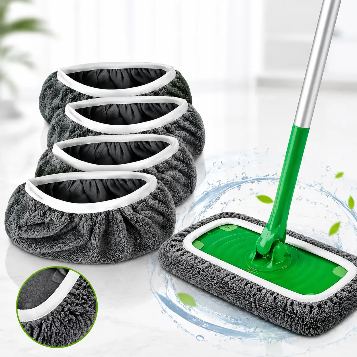 Gray Reusable Polyester Mop Pad Set (4-Piece) – Adjustable Cleaning Cloth Refills for Household Floor Care in Living Rooms, Bedrooms