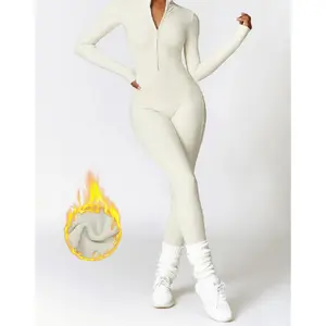 Women's Solid Zip-up Skiing Jumpsuit, Sporty Long Sleeve Onesie for Skiing Cycling, Fall & Winter Ladies Sportswear, Stretchable Activewear