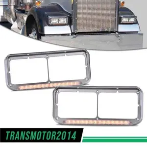 4x6 Chrome Headlight Headlamp Visor Bezels w/ Amber LED Bar - Clear Lens 1Pair