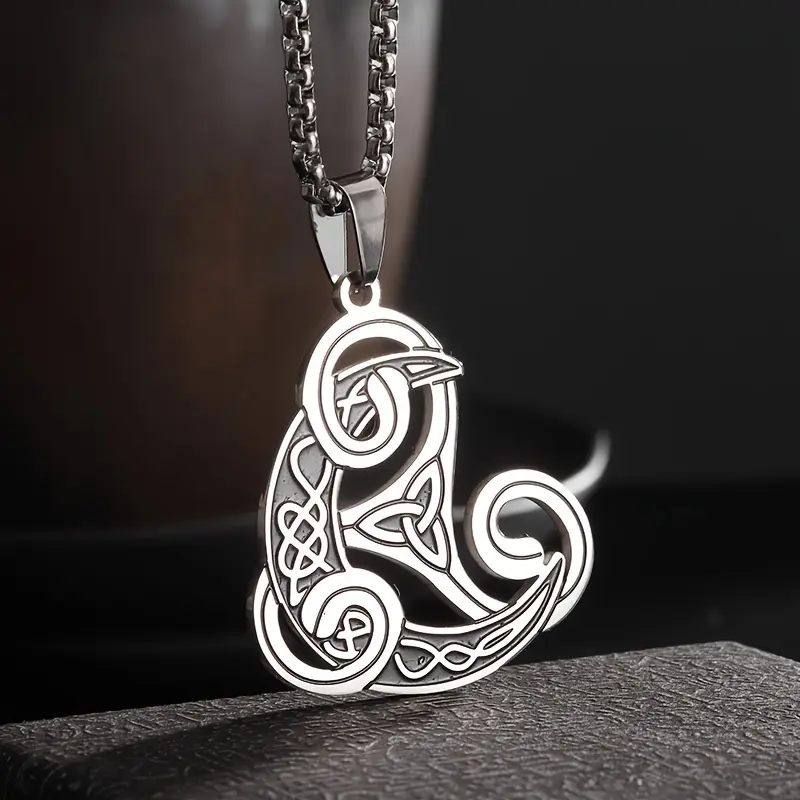 Unisex Silvery Stainless Steel Wiccan Pendant Necklace - Celtic Knot Crescent Moon Amulet for Halloween Costume & Halloween Aesthetic