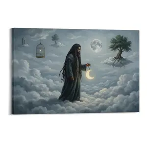 Dark - Skinned Jesus Surreal Canvas Painting, Dreamy Crescent Moon/Floating Tree/Clouds, Magical Realism Canvas Wall Art (Home Decor, Vivid Detail, Canvas Material)
