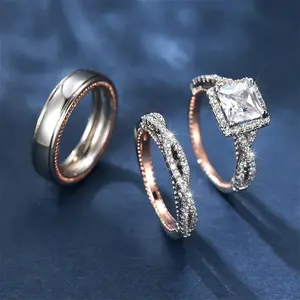 3Pcs/set rose gold-plated engagement imitation ring, hypoallergenic ,cubic zirconia stone as a promise gift for the bride and groom