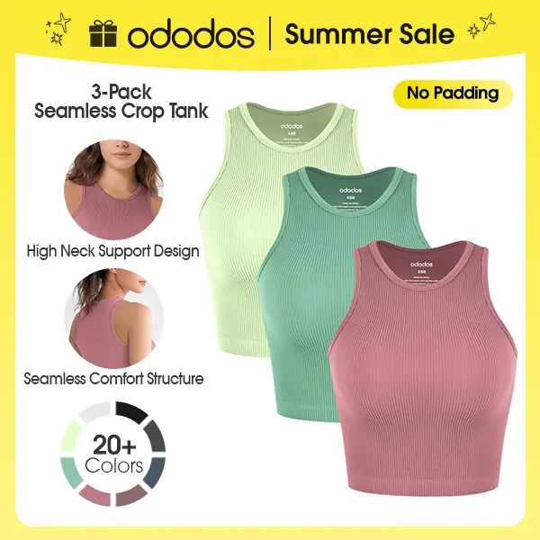 ODODOS 3-Pack Seamless Long Crop Tank (No Padding) for Women Ribbed Soft High Neck Cropped Tops,Long Cropped Length,Slim-fit