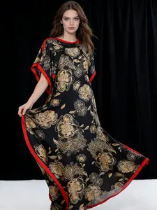 Women's elegant satin kaftan robe, paired with a scarf of the same color - black and gold floral print with red trim design | Chinese-inspired cape-style extra-long kaftan dress, suitable for evening cocktail parties