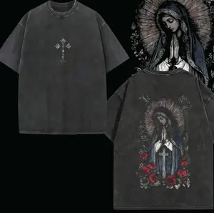 valentine shirts Virgin Mary Graphic T-Shirt, Washed Black Heavy Cotton, Gothic Streetwear