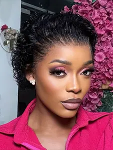 Short Curly Wave Pixie Cut Wig Human Hair Lace Front 13x1 Transparent Lace Front Wig Curly Human Hair Wig For Women 150% Density 6 Inch Lace Frontal Wig