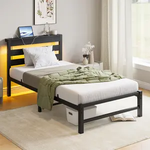 Twin/Full /Queen Size Bed Frame Heavy Duty Platform Bed Frame with Headboard, USB Charging Station, LED Bed, No Box Spring Needed, Mattress Foundation, Strong Steel Slats, Noise Free, Black