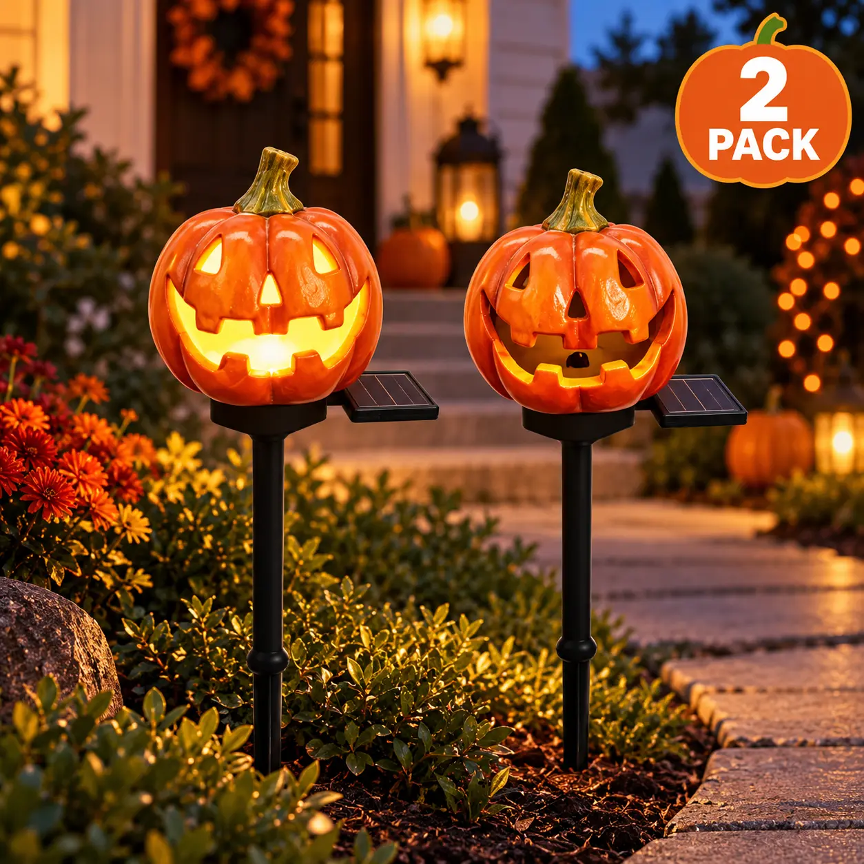 2-Pack Resin Solar Pumpkin Garden Stake Lights - Outdoor Solar Lights with Warm Glow for Pathway, Lawn Decor, Night Illumination