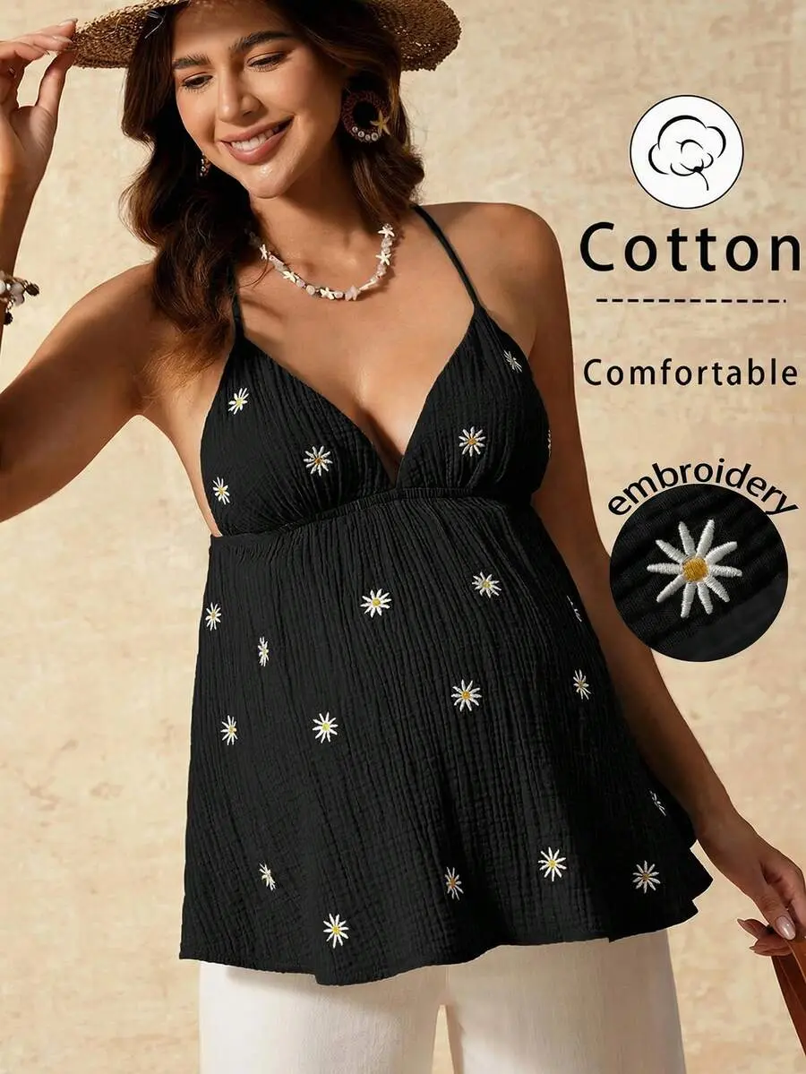 Stride x Boho Mama Maternity Clothes Black And White Daisy Embroidery Cotton Camisole,Elegant Maternity Boho Summer Tops For Women,Beach Photoshoot Holiday Picnic
