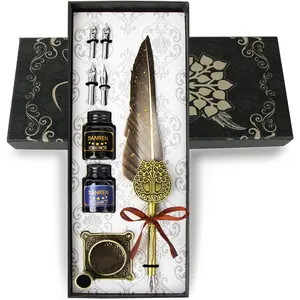 Feather Pen and Ink Set, Quill Pen Ink Set, Antique Calligraphy Pen with 4 Replaceable Nibs, 2 Bottles of Ink, Pen Holder Christmas Gift for Men&Women (Gray)