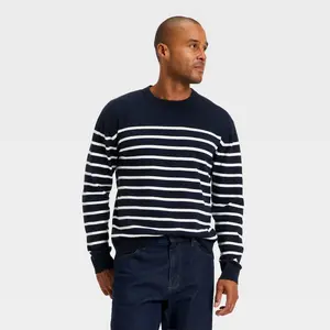 Men's Soft Knit Crewneck Sweater - Goodfellow & Co Navy/Cream Striped XL