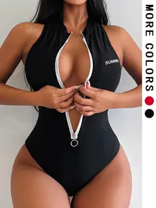 Women's Zipper Neck Stylish One-Piece Sexy Vacation Beach Bikini Swimsuit Bodysuit, Elegant & Comfortable Summer Swimwear
