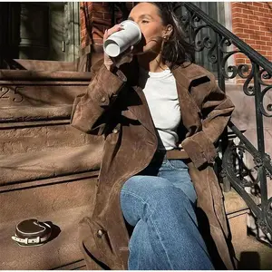 2025 Autumn/Winter Elegant Suede Leather Belted Jacket — Long Slit Design, Brown, Fashionable and Warm, Double-Breasted, High-Quality Streetwear