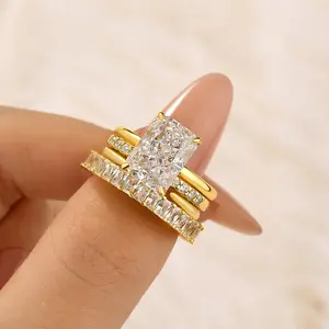 Maxine CZ 4.5ct Radiant Cut 4PC Golden Engagement Ring Set, Bridal Ring Set In Sterling Silver, 5A Cubic Zirconia Women's Ring Jewelry,Wedding Ring Set for Daily,Travel,Proposal,Birthday,Anniversary