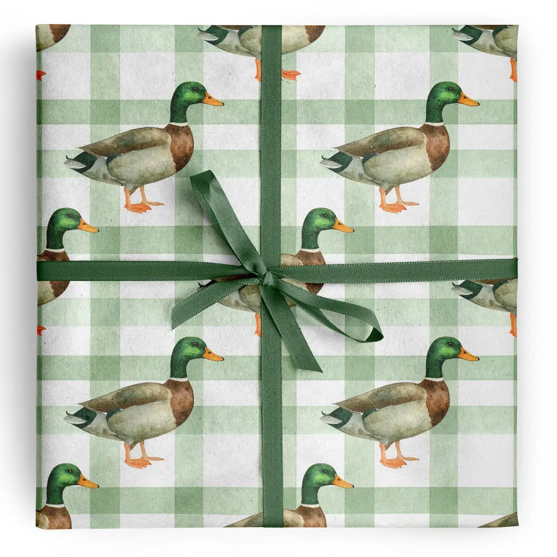 Mallard Duck Wrapping Paper, Watercolor Green Plaid Gift Wrap, Duck Hunter Birthday Wrap, Hunting Themed Gift Wrapping, Duck Print Paper
