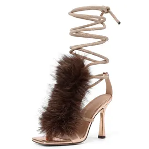 Custom Made Rose Gold Faux Fur Lace Up Heeled Sandals for Women Square Toe Stiletto Heels Fluffy Open Toe Strappy Heels with Wrap Around Ankle Tie Elegant Party Evening Clubwear Heels for Wedding Cocktail Prom
