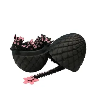 Cherry Blossom Dragon with Dragon Egg, 3D Printed Articulated Black and Pink Cherry Blossom Dragon, Fidget ADHD Dragon Toy Magical Ornaments Plastic Decoration