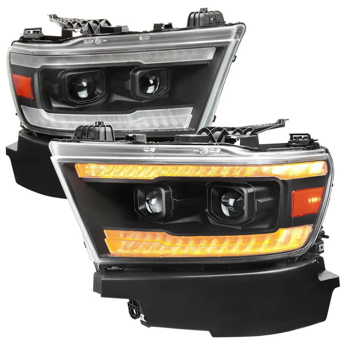 2019–2024 RAM 1500 LED Bar Projector Headlights w/ Switchback Sequential Turn Signals, Amber LED & Pulsing Glow (Black Housing / Clear Lens)
