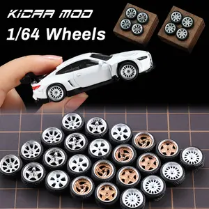 Kicarmod 1/64 Wheels with Rubber Tire Rivet Axle Metal Rims,Real Rider Series,4 Sets a Pack.