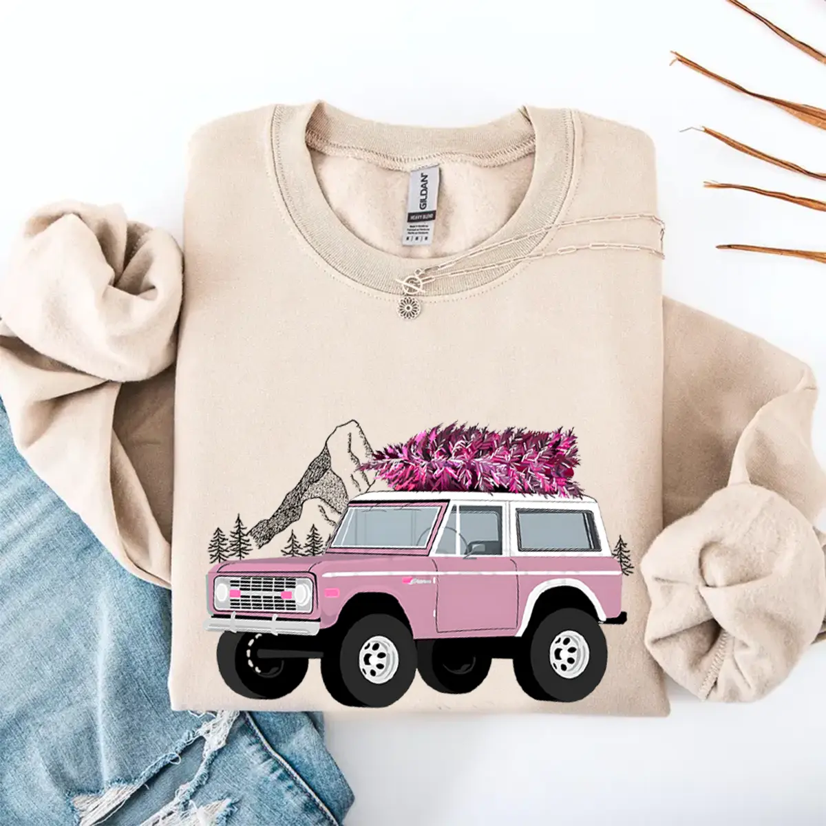 Pink Bronco Christmas Tree Sweatshirt - Vintage Suv Holiday Pullover - Mountain Forest Graphic Crewneck - Cozy Winter Adventure Aesthetic Jumper For Women