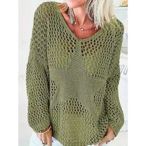 Women's Plain Hollow Out Sheer Drop Shoulder Crochet  Sweater, Casual Long Sleeve Crew Neck Jumper for Summer, Fashion Women's Knitwear for Daily Wear