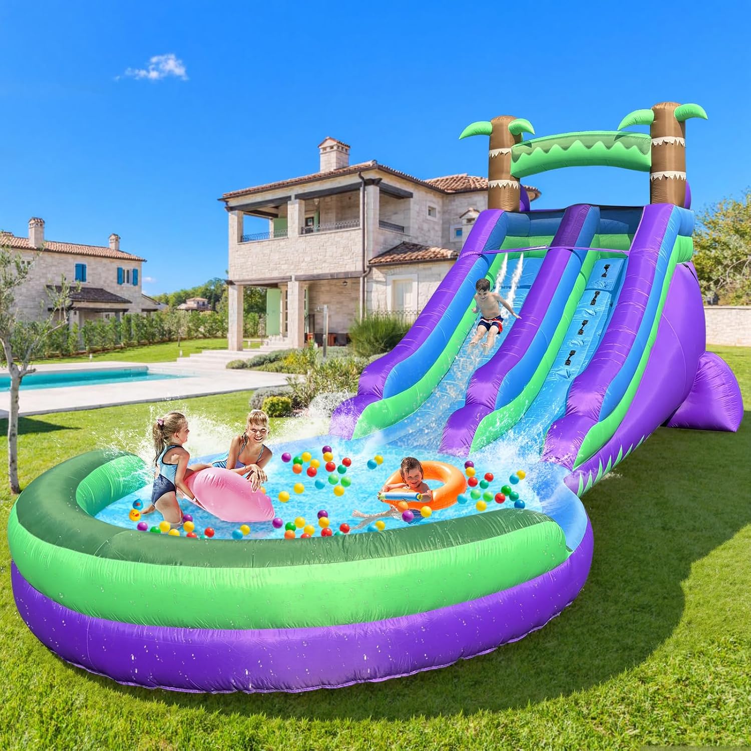 Inflatable Grade Water Slide for Kids and Adults with Big Splash Pool, 22.5 * 9.84 * 10.6FT Backyard Party Rainforest Oxford Water Slide with Air Blower & Water Pipe