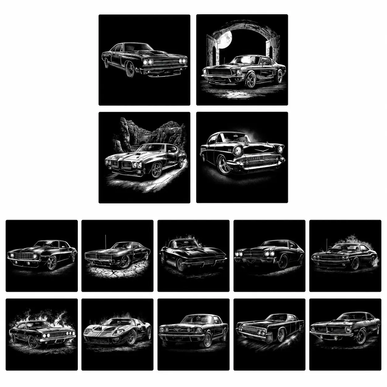 Car Bundle V1 | 14 Ready-to-Press DTF or Sublimation Transfers for T-Shirts | Classic Car Heat Press Designs