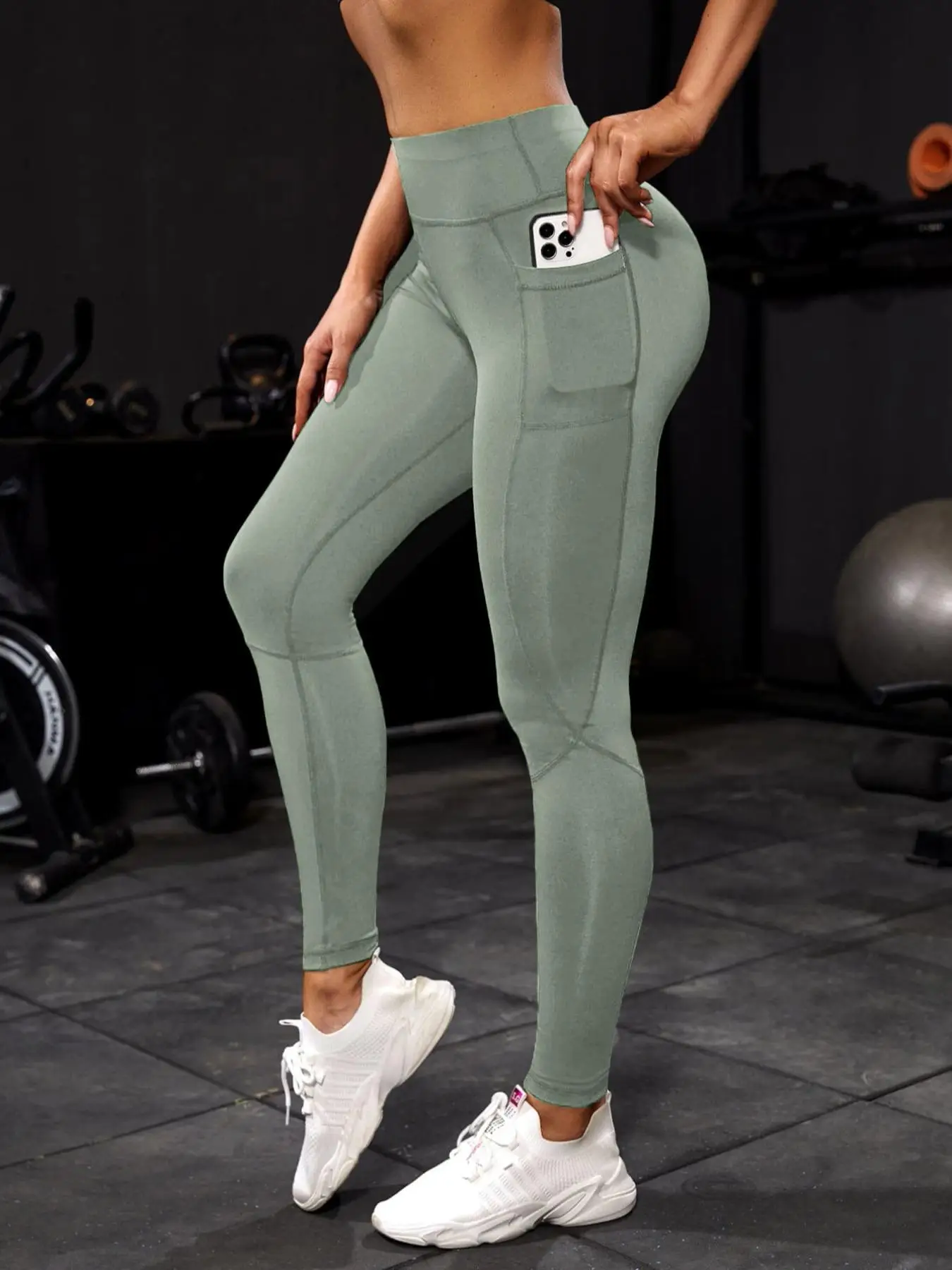 Women's Solid High Stretch Pocket Design Sports Tummy Control Leggings, Casual Comfy Breathable Skinny Pants for Yoga Gym Workout Running, Activewear,