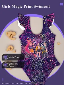 Girls' Magic Girl Group Printed Swimsuit, Ruffle One-Piece Quick-Dry Swimwear, Cute Fitted Design, All over Random Print, Vibrant Prints
