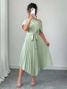 Elegant Satin Off-Shoulder Dress, One Shoulder Design, Short Sleeves, Waist Tie, Ruffled Hem, Perfect for Dates and Casual Parties, Pleated