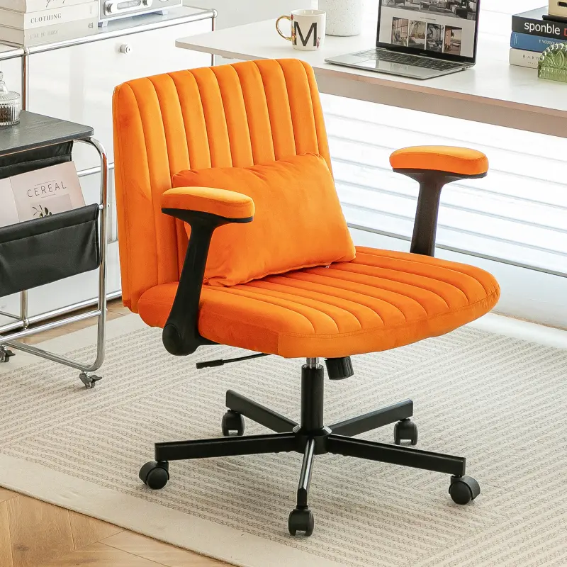 Criss Cross Armrest Office Chair with Wheels - Modern for Home Office, Meditation & Creative Work, Velvet (Orange)