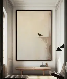 Living Room Minimalist Art Pure Beige Wall Art Beige Wabi-Sabi Painting Modern Home Decor Neutral Beige Home Decor Bird Abstract Painting