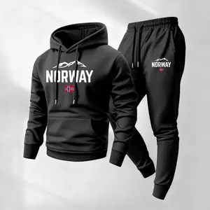 Men's Norway Print Hooded Sweatshirt And Drawstring Sweatpants Set, Men's Casual Sportswear, Long-Sleeved Hooded Jacket And Pants, Suitable For Autumn And Winter Wear, Men's Everyday Wear.
