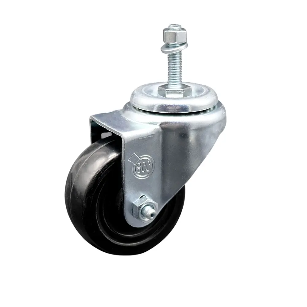 212 MAIN Stainless Steel Hard Rubber Swivel Type Threaded Stem Caster, 3x1.25 in. Black Wheel, 10 mm Metric Thread Stem, Ball Bearings