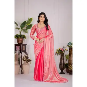 Real Hand Embroidered Ready-to-Wear Saree – Deep Rose Pink & Midnight Blue | Jim