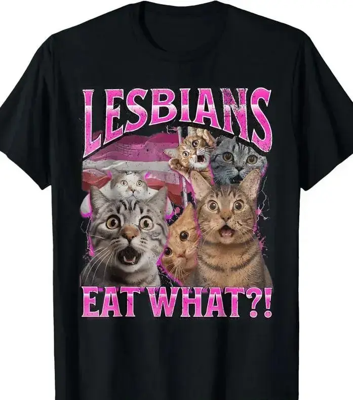 Lesbians Eat What?! Retro Pink Gradient Distressed Font Surprise Cat Collage Lesbian Pride Flag Print Women's Black Casual Short Sleeve Funny LGBTQ Graphic T-Shirt